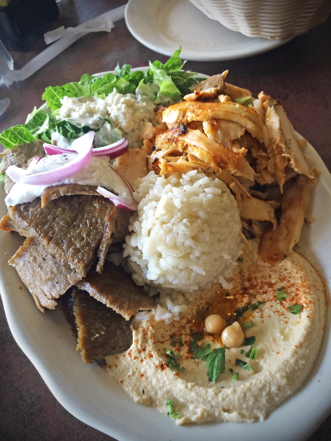 Combination Chicken Shwarma and Gyros Plate - Served with Feta cheese salad, hummos and rice.